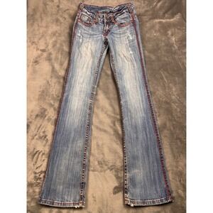 Cowgirl Tuff Co Women Bootcut Jeans Light Wash Blazn Red Studded Distressed 34L